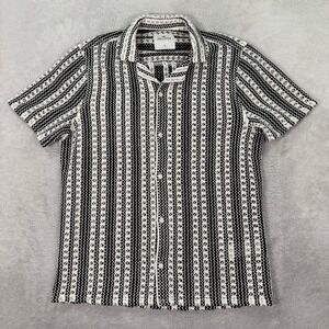 Hollister Mens Medium Crochet Knit Shirt Black White Striped Camp Collar Boho